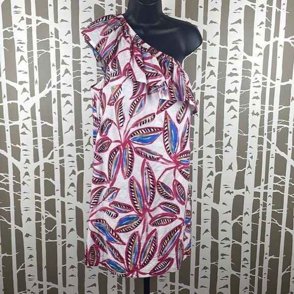 Linen Blend One Shoulder Leaf Print Dress S - Picture 1 of 8